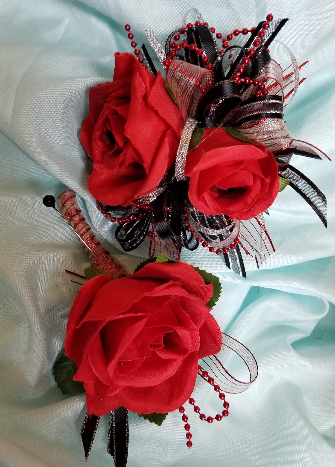 Red Silver & Black Silk Wrist Corsage and Boutonniere Set Etsy