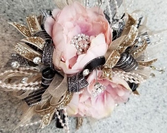 Blush, Black and Champagne Silk Flower Wrist Corsage and boutonniere Set.  W248