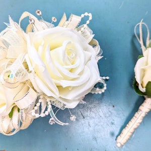 Creamy White Silk Wrist Corsage and Boutonniere set W084 image 4