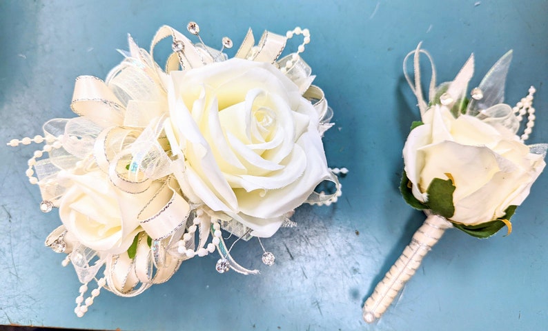 Creamy White Silk Wrist Corsage and Boutonniere set W084 image 4