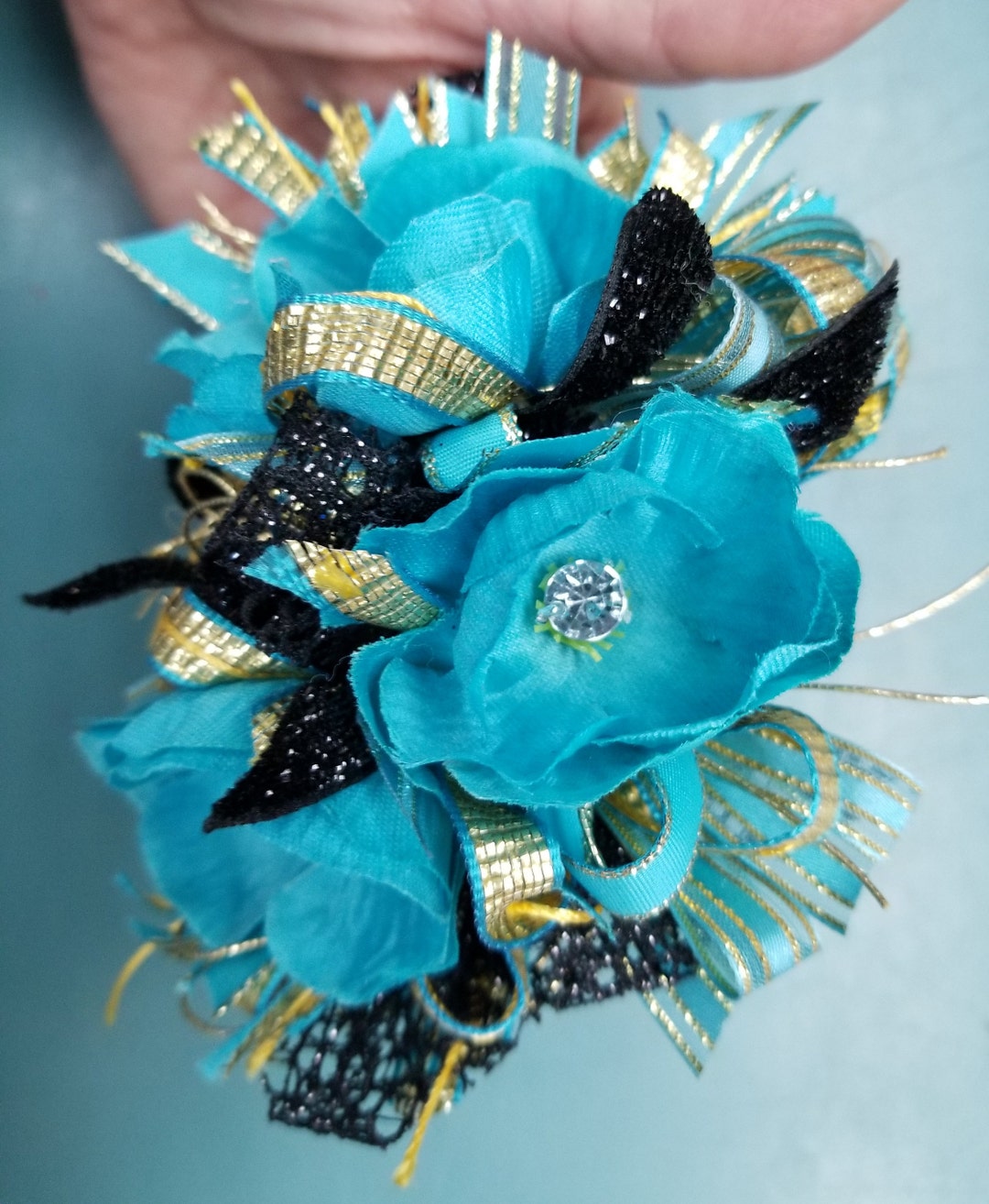 Teal Green and Gold Silk Flower and Rhinestone Wrist Corsage Etsy