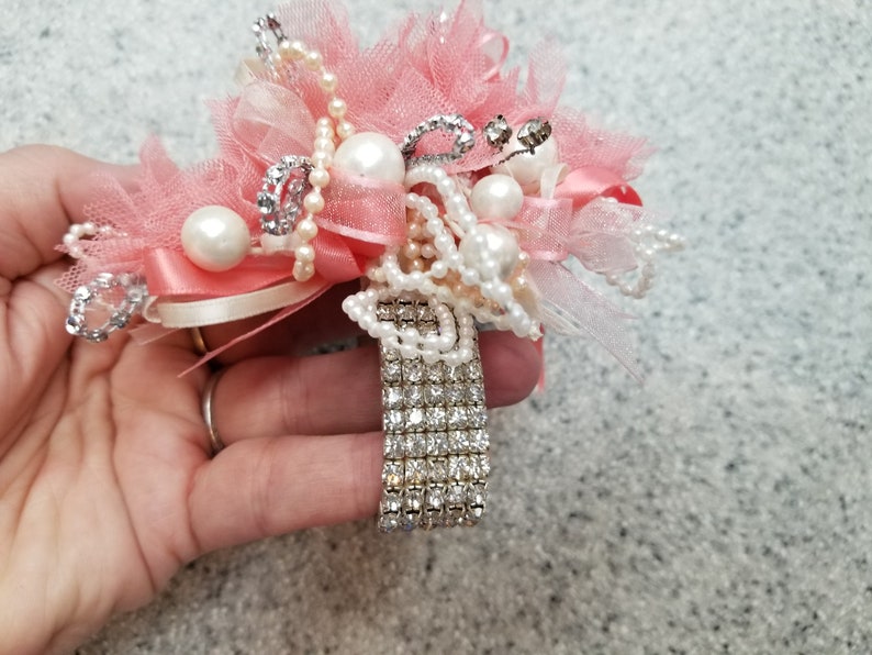 Peach Lace and Rhinestone Flower Wrist Corsage #W081