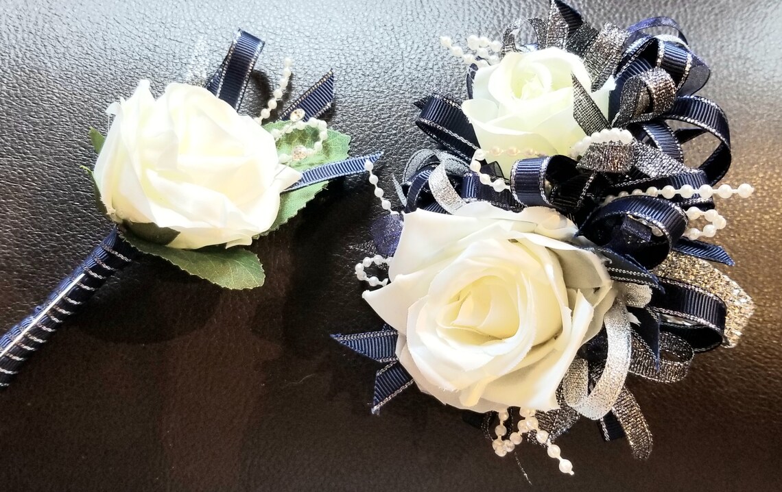 Navy and Cream Silk Flower Wrist Corsage and Boutonniere Set Etsy