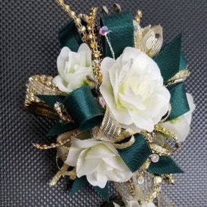 Dark Green, Gold and Cream SILK Flower Wristlet Corsage and Boutonniere Set #W 105