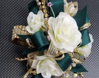 Dark Green, Gold and Cream SILK Flower Wristlet Corsage and Boutonniere Set #W 105