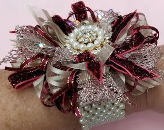 Burgundy and Rose Gold Pearl brooch Wrist Corsage  #W246