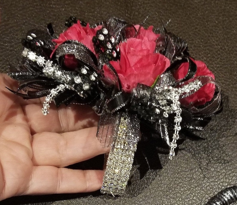 Hot Pink black and silver Wrist Corsage and boutonniere set Etsy