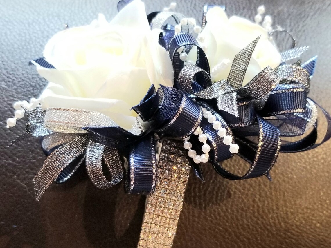Navy and Cream Silk Flower Wrist Corsage and Boutonniere Set Etsy