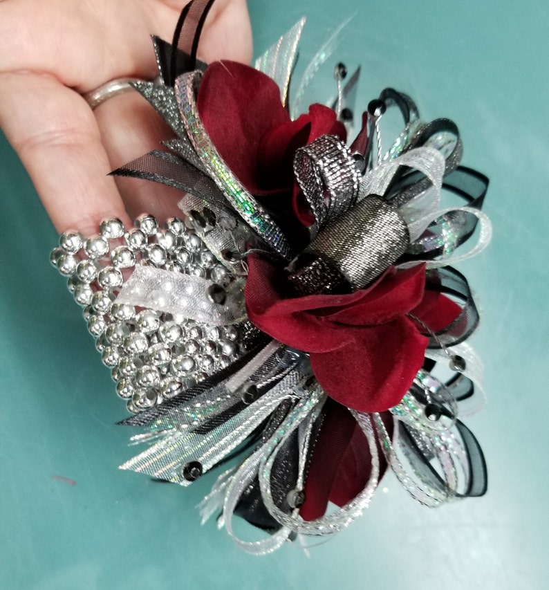 Burgundy Wine Silver and Black Silk Wrist Corsage set Etsy