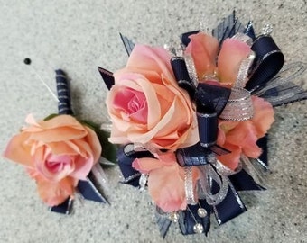 Coral, Silver, Navy Blue Silk Wrist Corsage and Boutonniere Set - W053