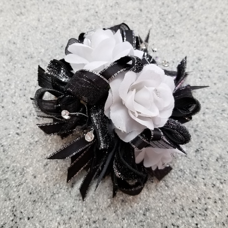 Black Silver and White Silk Flower Wrist Corsage W056 Etsy