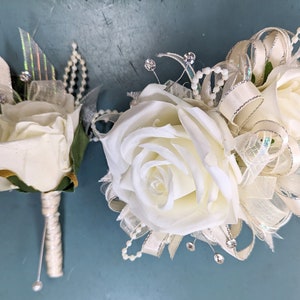 Creamy White Silk Wrist Corsage and Boutonniere set W084 image 1