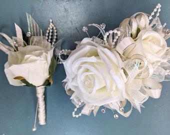 Creamy White Silk Wrist Corsage and Boutonniere set  #W084