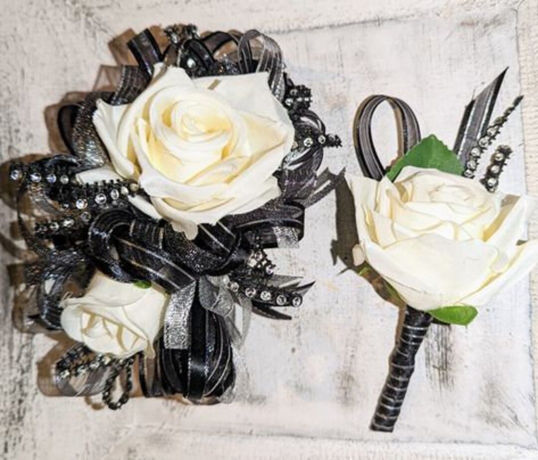 Ivory, Black and Silver Silk Flower Wrist Corsage and Matching