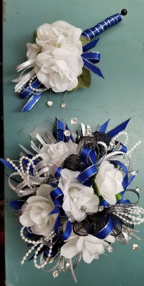 White Royal Blue Corsage and boutonniere set Prom Wedding Formal Artificial 