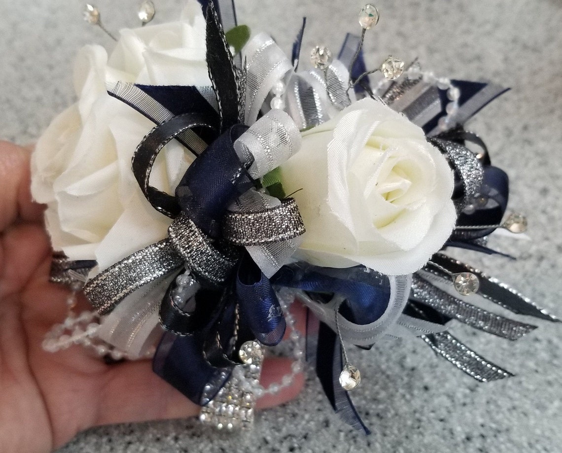 Navy and Cream Silk Flower Wrist Corsage and Boutonniere Set Etsy