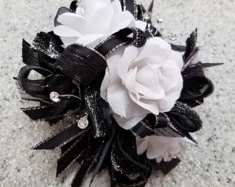 Black, Silver and White Silk Flower Wrist Corsage and Boutonniere Set  #W056