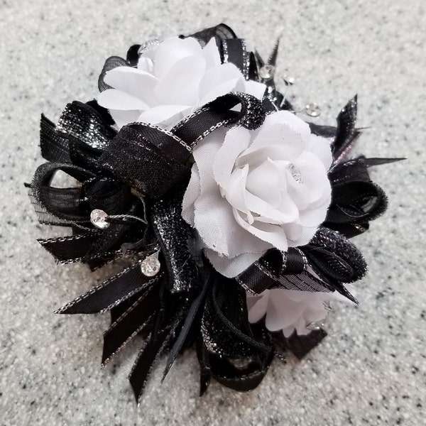 Black, Silver and White Silk Flower Wrist Corsage and Boutonniere Set  #W056