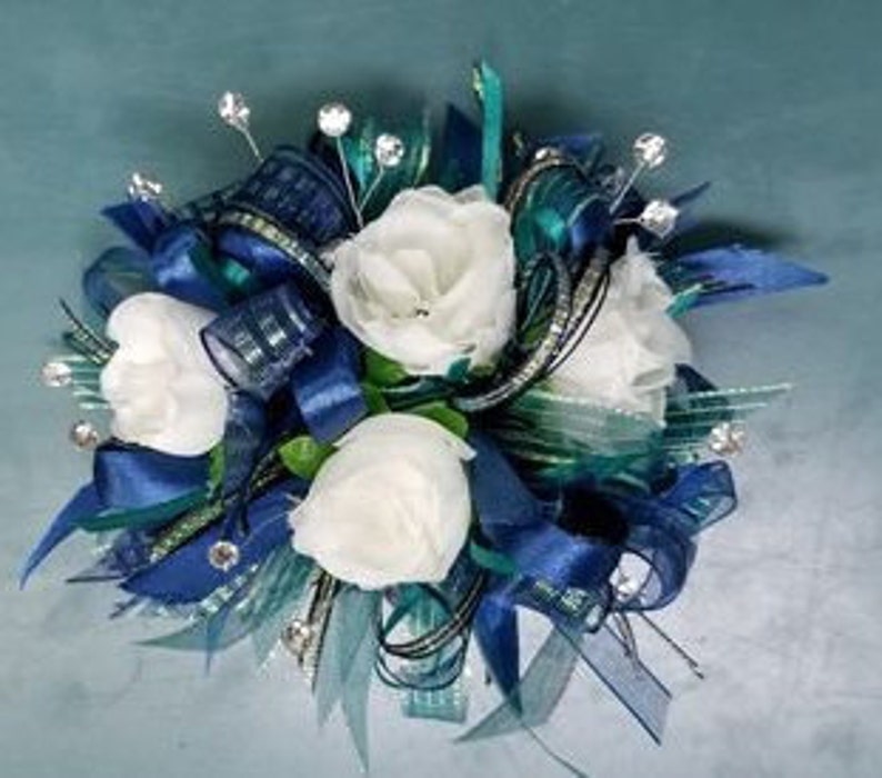 Teal and Navy and Cream Silk Flower Wrist Corsage and | Etsy