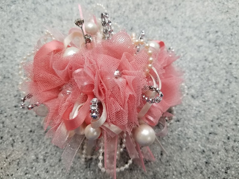 Peach Lace and Rhinestone Flower Wrist Corsage #W081