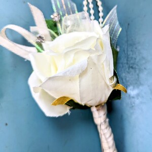 Creamy White Silk Wrist Corsage and Boutonniere set W084 image 3