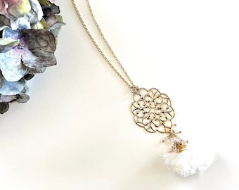 White Silk and Swarovski Crystal Tassel Long Necklace