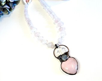 Pink And Clear Quartz And Blue Kyanite Statement Pendant Necklace, Long Necklace