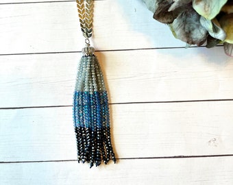 Blue Crystal Silver Tassel Necklace, Long Necklace