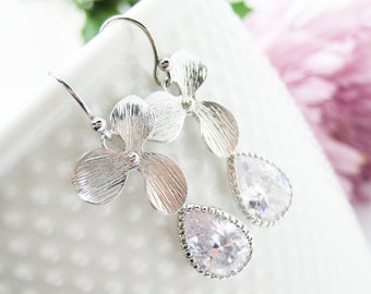 Silver Orchid Cubic Zirconia Drop Bridal Earrings, Junior Bridesmaid Earrings, Flower Girl Earrings