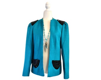 80's French Vintage Upcycled Beaded Teal Jacket, Vintage Blazer, Women's Blazer, Vintage Blazer, Upcycled Clothing, French Fashion