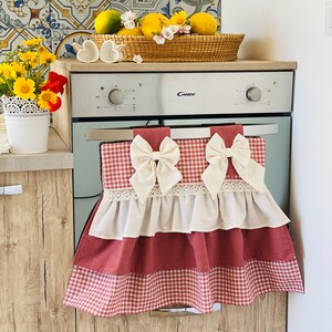 Country oven cover, oven cover with ruffles, oven cover with bows, shabby pink oven cover.