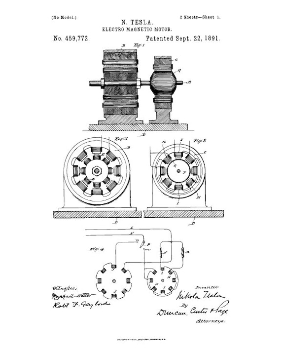 INSTANT Tesla Electro Magnetic Patent Print Etsy