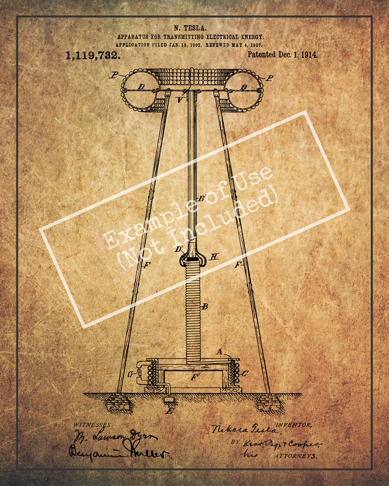 INSTANT DOWNLOAD Tesla Coil, Patent Print, Patent, Tesla Patent, Tesla, Electricity, Transparent background, Vintage, Steampunk image 2