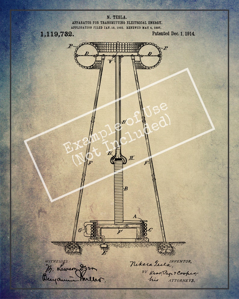 INSTANT DOWNLOAD Tesla Coil, Patent Print, Patent, Tesla Patent, Tesla, Electricity, Transparent background, Vintage, Steampunk image 3