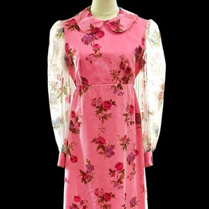 Vintage 1970s Handmade Maxi Dress Pink Cottagecore - Sheer Floral Chiffon Overlay - Special Occasion, Recital, Concert, Prom, Formal EUC