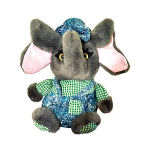Vintage Kuddle Me Toys by Kellytoy Gray  Elephant Stuffed Animal Plush 11&quot; Blue Overalls & Hat with Green Checked Shirt