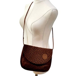 Vintage Aries Brand Small Shoulder Bag Purse Brown Leather Faux Ostrich Design **READ Description Regarding Strap Length