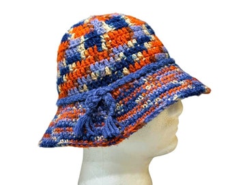 Vintage 70s 1970s Blue and Orange Crochet Bucket Hat Retro BOHO Hippie Beanie Knit Old School Handmade