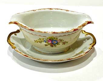 Antique Double Gravy Boat Antique Sauce Serving White Gold Transferware White Porcelain Ceramic Antique Tableware Double Handle Double Spout