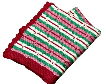 Vintage Handmade Crochet Afghan Throw Blanket Pink Green Cream 62 x 39 Inch Stripes Cottagecore Eclectic Grandma Grannycore