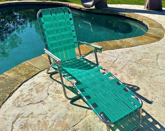Klappbarer Vintage-Chaiselongue aus den 1970er Jahren, gewebter Aluminium-Rasenstuhl, blaugrün, grün und weiß, für Terrasse, Schwimmbad, Strand, verstellbar