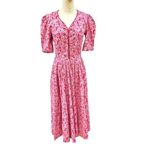 Vintage Laura Ashley Midi Dress Size 10 Red and Pink Floral Cottagecore Prairie Feminine Romantic A-Line