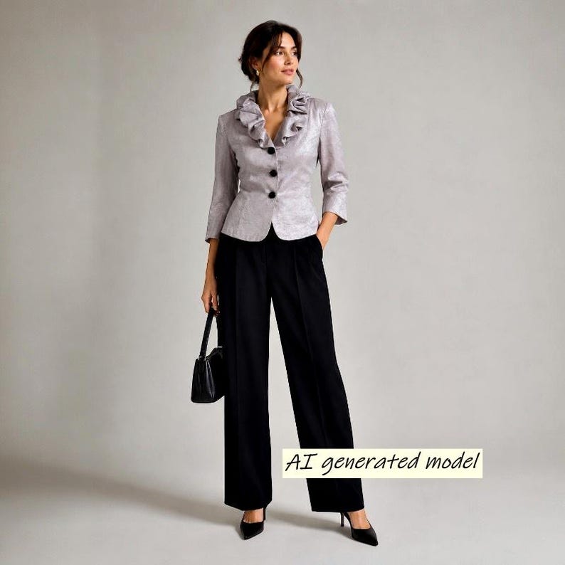 K&ouml;nnte beinhalten: Ein formelles Damenoutfit mit einem hellgrauen Blazer mit R&uuml;schenkragen und schwarzen Kn&ouml;pfen, kombiniert mit einer schwarzen Hose mit weitem Bein. Sie h&auml;lt eine schwarze Handtasche und tr&auml;gt schwarze Abs&auml;tze. Der Text "AI generated model" ist sichtbar.