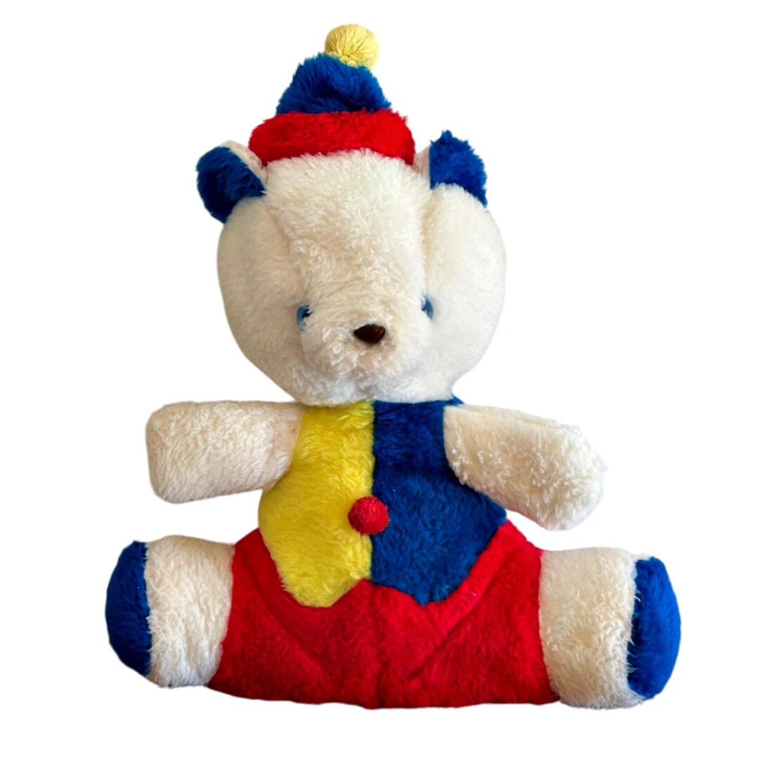 Vintage White Teddy Bear Clown Carnival Style Stuffed Animal Toy