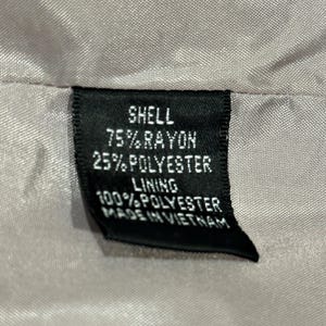 K&ouml;nnte beinhalten: Nahaufnahme eines schwarzen Kleidungsetiketts mit wei&szlig;em Text. Das Etikett lautet "SHELL 75% RAYON 25% POLYESTER LINING 100% POLYESTER MADE IN VIETNAM". Das Etikett ist in einen hellbeigen Stoff eingen&auml;ht.