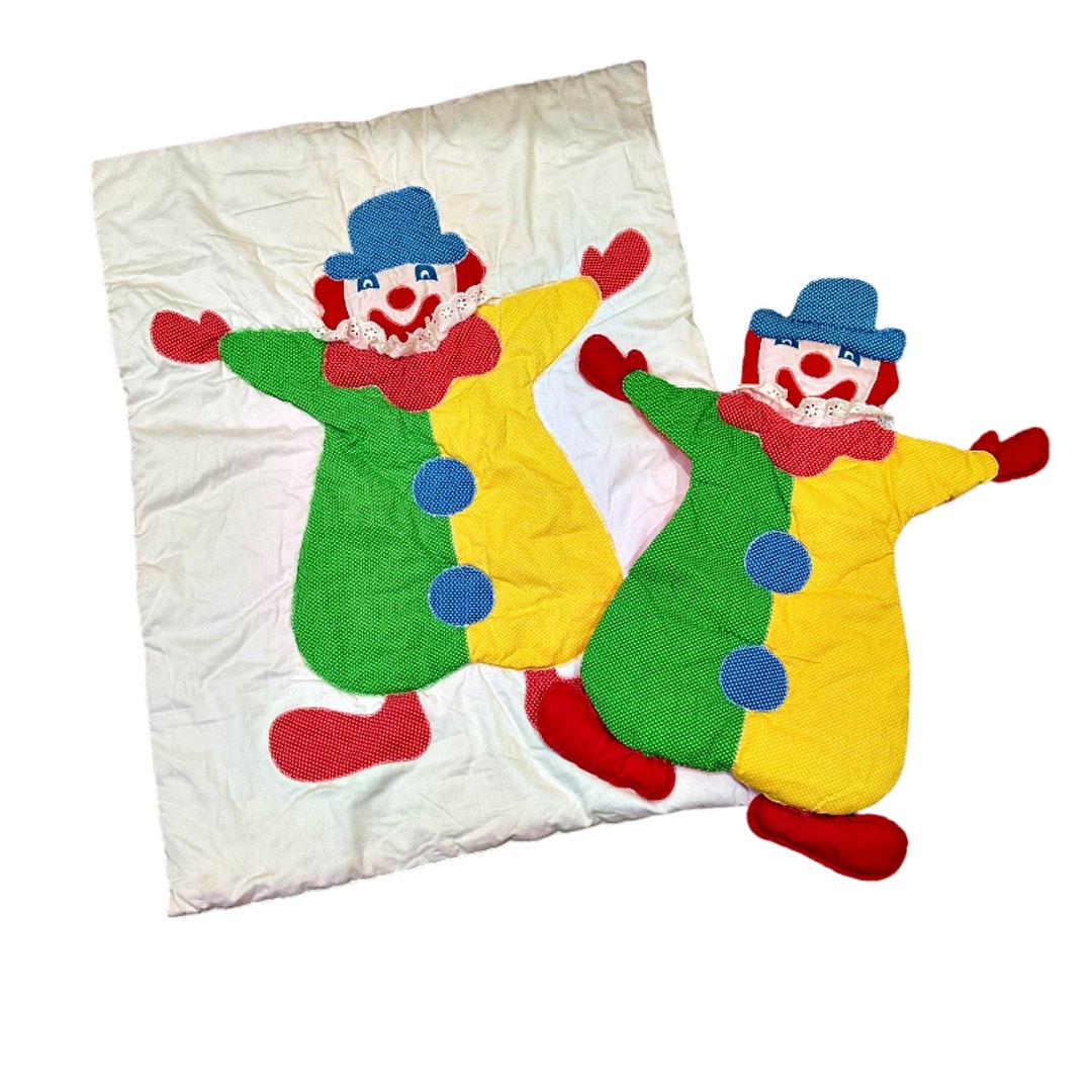 Vintage 80s Quilted CLOWN Wall Hanging & Blanket Nursery Baby Infant