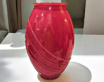 Vintage 1980s Large Pink Rose Mauve Ribbed Art Deco Style Vase Decor 16 Inches Tall Retro 80s Decoration