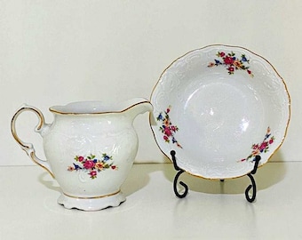 2 Pieces of Vintage Walbrzych China - Creamer & Berry or Dessert Bowl - Pink Roses Floral Spray - Made in Poland