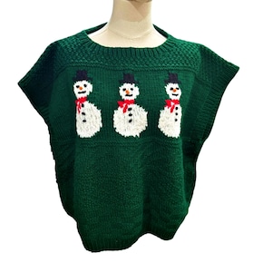 Vintage Hand Knit Pullover Womens Green Boxy Sweater Vest 3 Snowmen Ugly Christmas Sweater Party Crochet 80s Grannycore Retro Winter