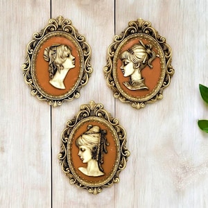 Vintage Victorian Women Ladies Cameo 3D Wall Art Ornate Oval Plaques Set of 3 Raised Relief Plastic